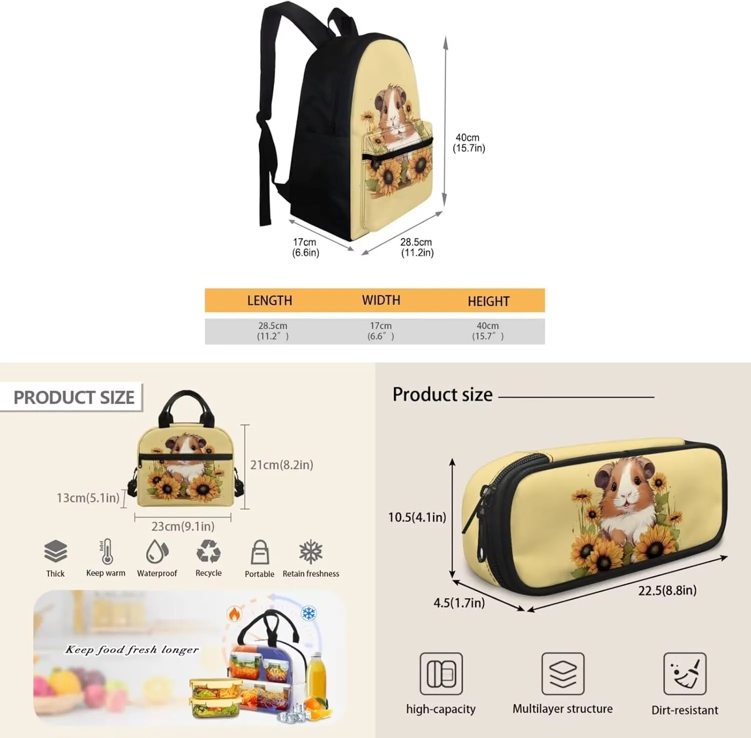 Cute Voles Backpack with Lunch Box Kids Girls 3rd Grade Sunflowers Print Hand Carry Lunch Tote Bag for Children Portable Casual Messenger Bag for School Picnic Vacation