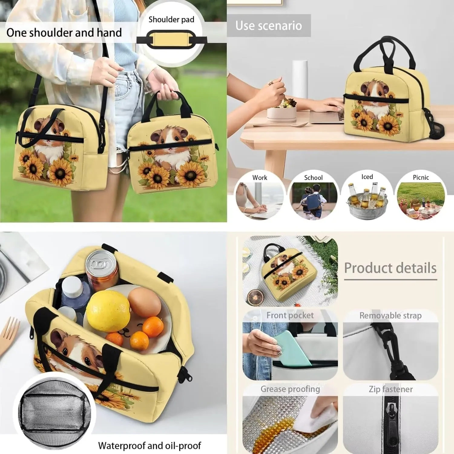 Cute Voles Backpack with Lunch Box Kids Girls 3rd Grade Sunflowers Print Hand Carry Lunch Tote Bag for Children Portable Casual Messenger Bag for School Picnic Vacation