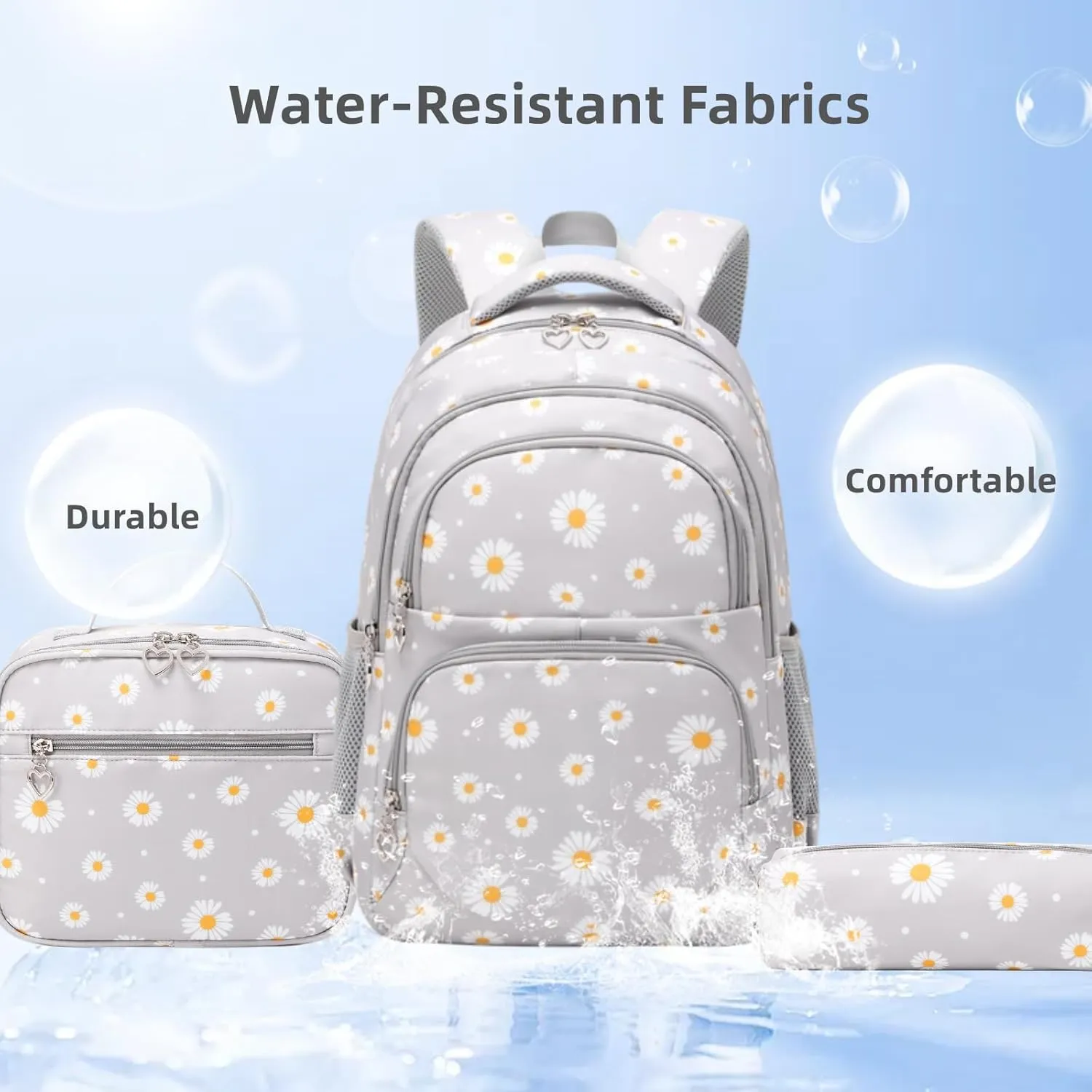 Daisy Kids Backpack for Girls, Multi Pocket School Bags with Lunch Box for Elementary, Teen Girls Bookbag Set