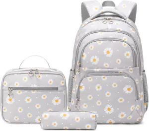Daisy Kids Backpack for Girls, Multi Pocket School Bags with Lunch Box for Elementary, Teen Girls Bookbag Set