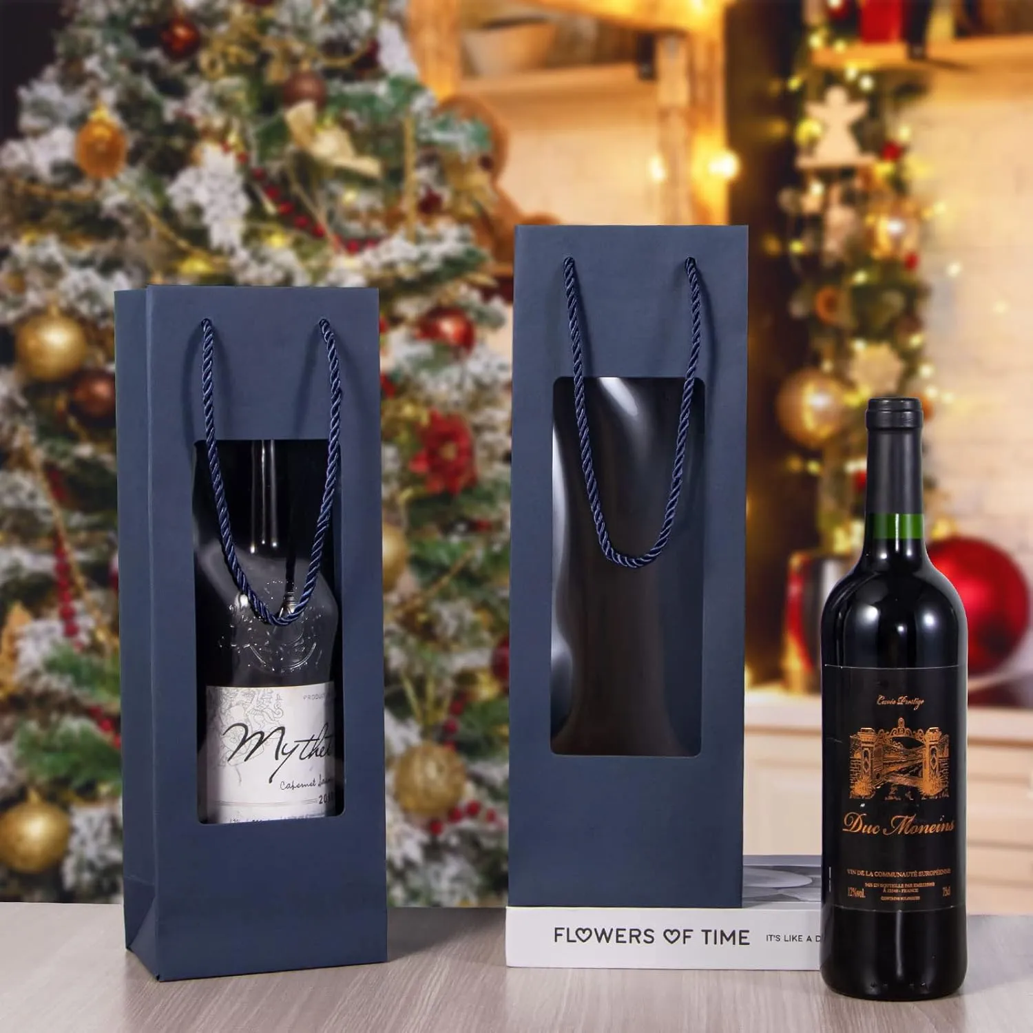 Dasofine Wine Bags, 20pcs Gift Bags for Wine Bottles, 4.9''3.3''14.2'' Sturdy Kraft Paper Bags with Windows, Perfect for Wedding, Party