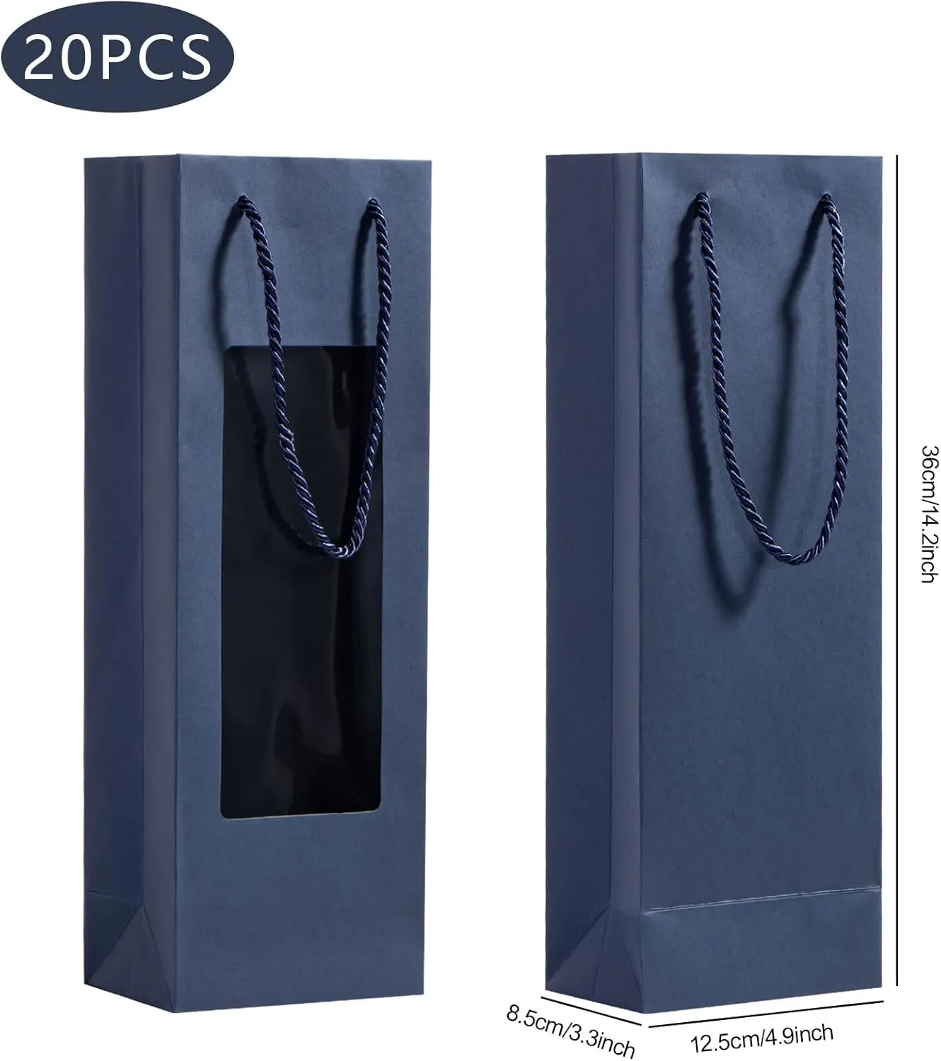 Dasofine Wine Bags, 20pcs Gift Bags for Wine Bottles, 4.9''3.3''14.2'' Sturdy Kraft Paper Bags with Windows, Perfect for Wedding, Party