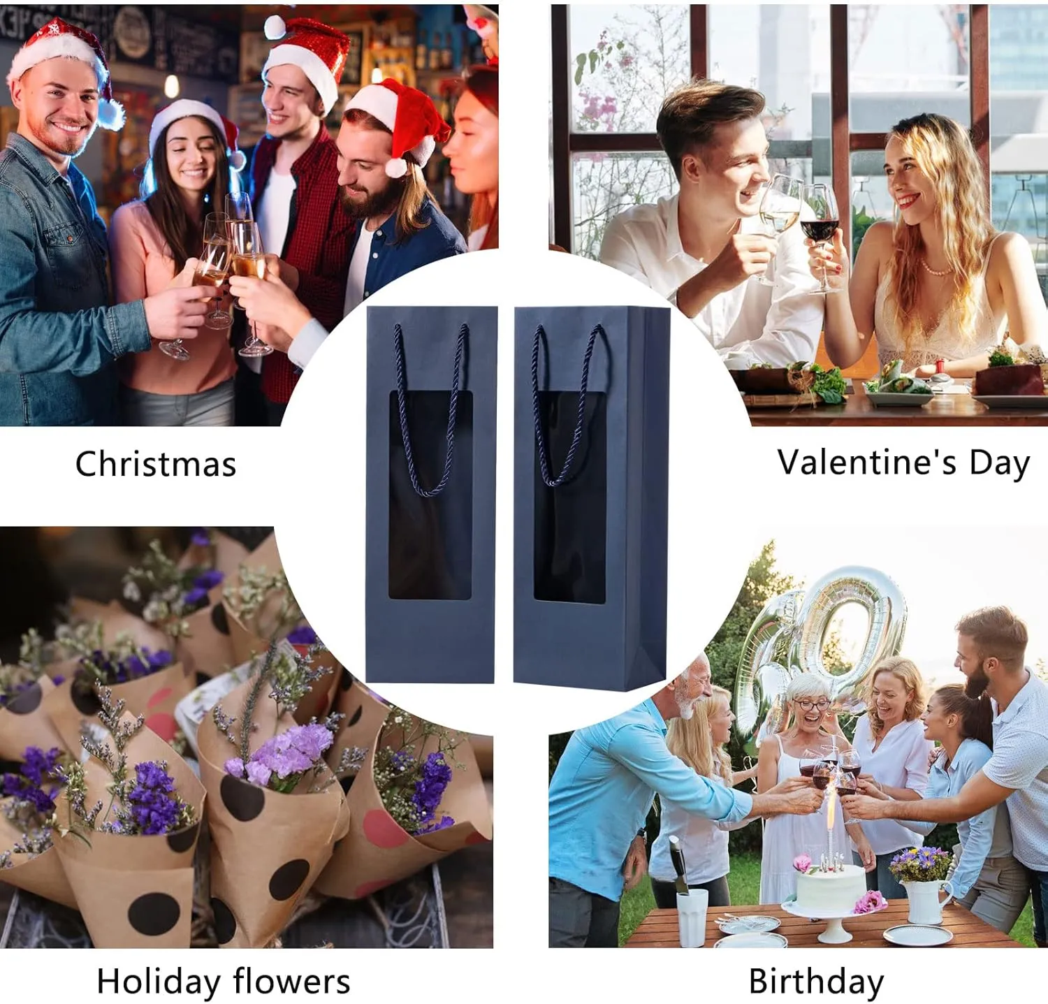 Dasofine Wine Bags, 20pcs Gift Bags for Wine Bottles, 4.9''3.3''14.2'' Sturdy Kraft Paper Bags with Windows, Perfect for Wedding, Party