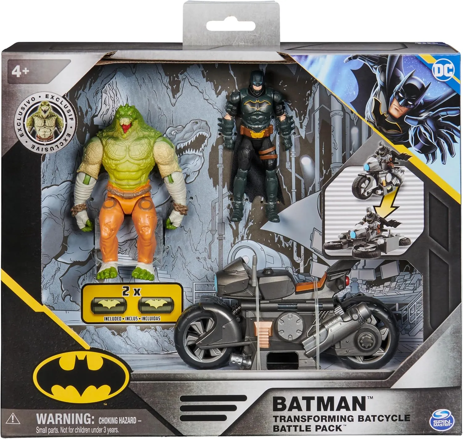 DC Comics, Batman Transforming Batcycle Battle Pack with Exclusive 4-inch Killer Croc and Batman Action Figure, Kids Toys for Boys and Girls Ages 4 