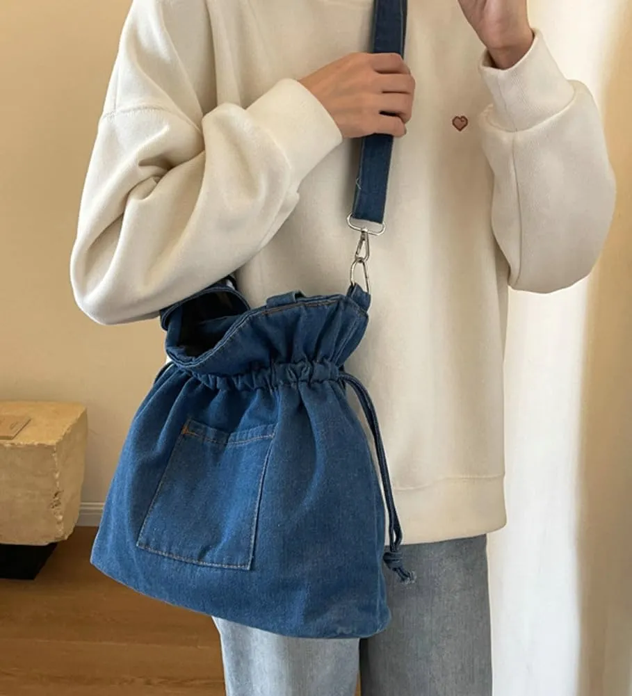 Denim Shoulder Bag for Women Canvas Tote Bag Crossbody Bag Aesthetic Large Denim Messenger Bag Hobo Handbags with Drawstring