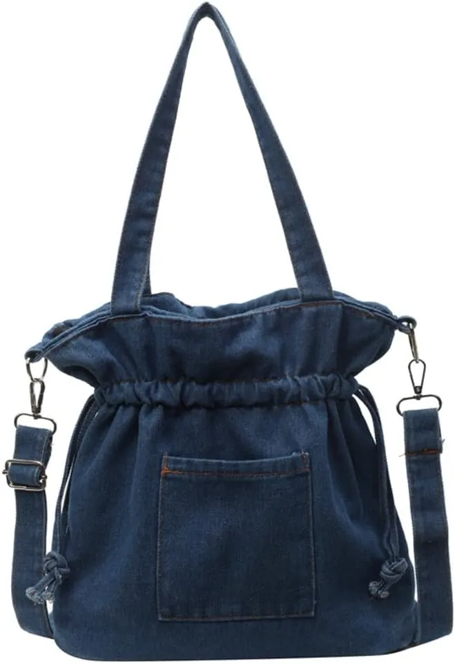 Denim Shoulder Bag for Women Canvas Tote Bag Crossbody Bag Aesthetic Large Denim Messenger Bag Hobo Handbags with Drawstring