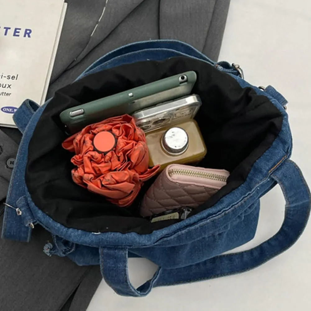 Denim Shoulder Bag for Women Canvas Tote Bag Crossbody Bag Aesthetic Large Denim Messenger Bag Hobo Handbags with Drawstring