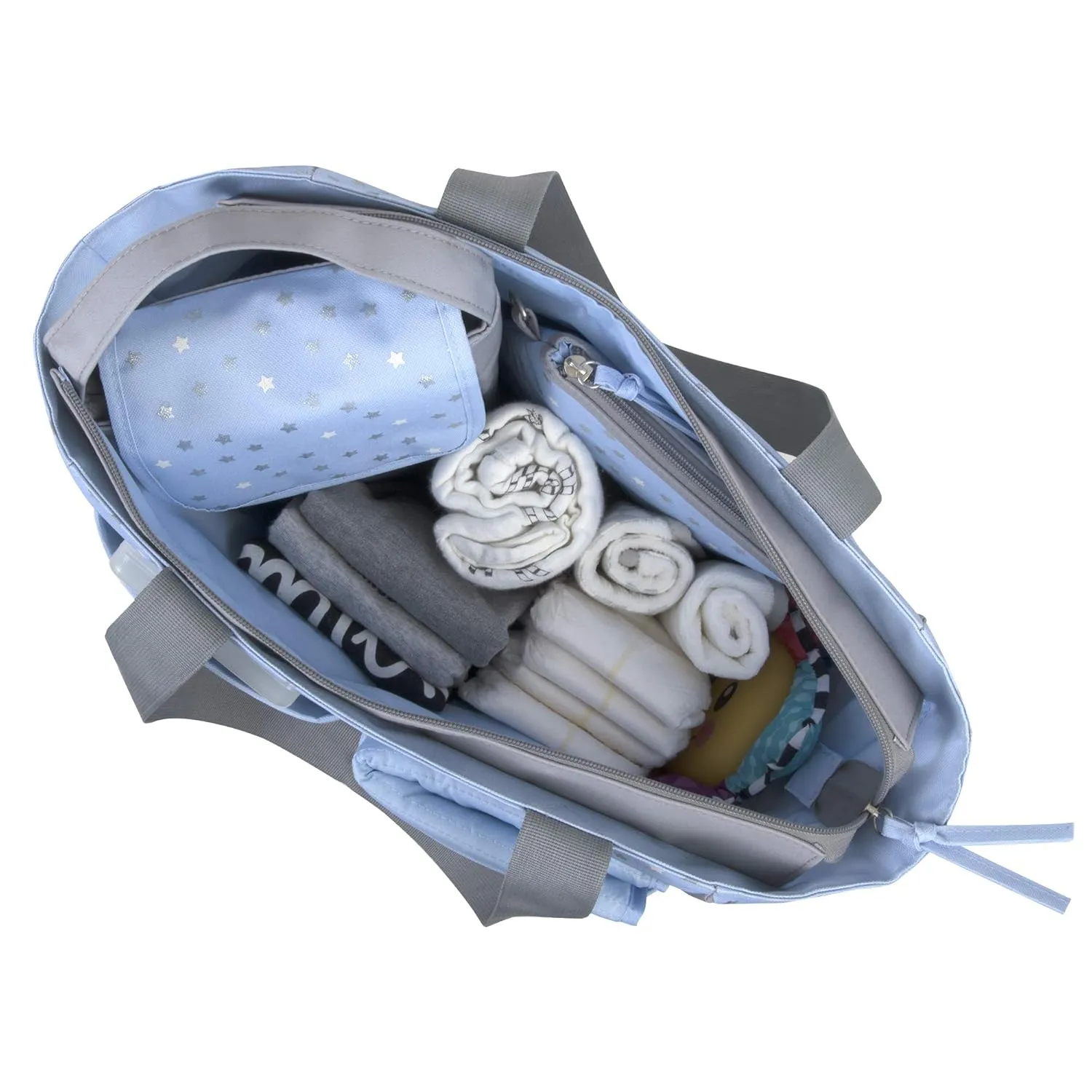 Diaper Bag Tote 5 Piece Set with Sun, Moon, and Stars, Wipes Pocket, Dirty Diaper Pouch, Changing Pad (Grey/Blue)