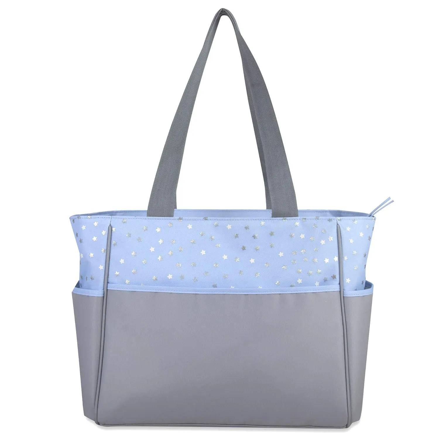 Diaper Bag Tote 5 Piece Set with Sun, Moon, and Stars, Wipes Pocket, Dirty Diaper Pouch, Changing Pad (Grey/Blue)