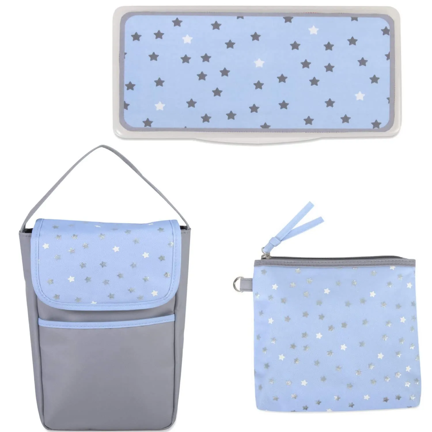 Diaper Bag Tote 5 Piece Set with Sun, Moon, and Stars, Wipes Pocket, Dirty Diaper Pouch, Changing Pad (Grey/Blue)