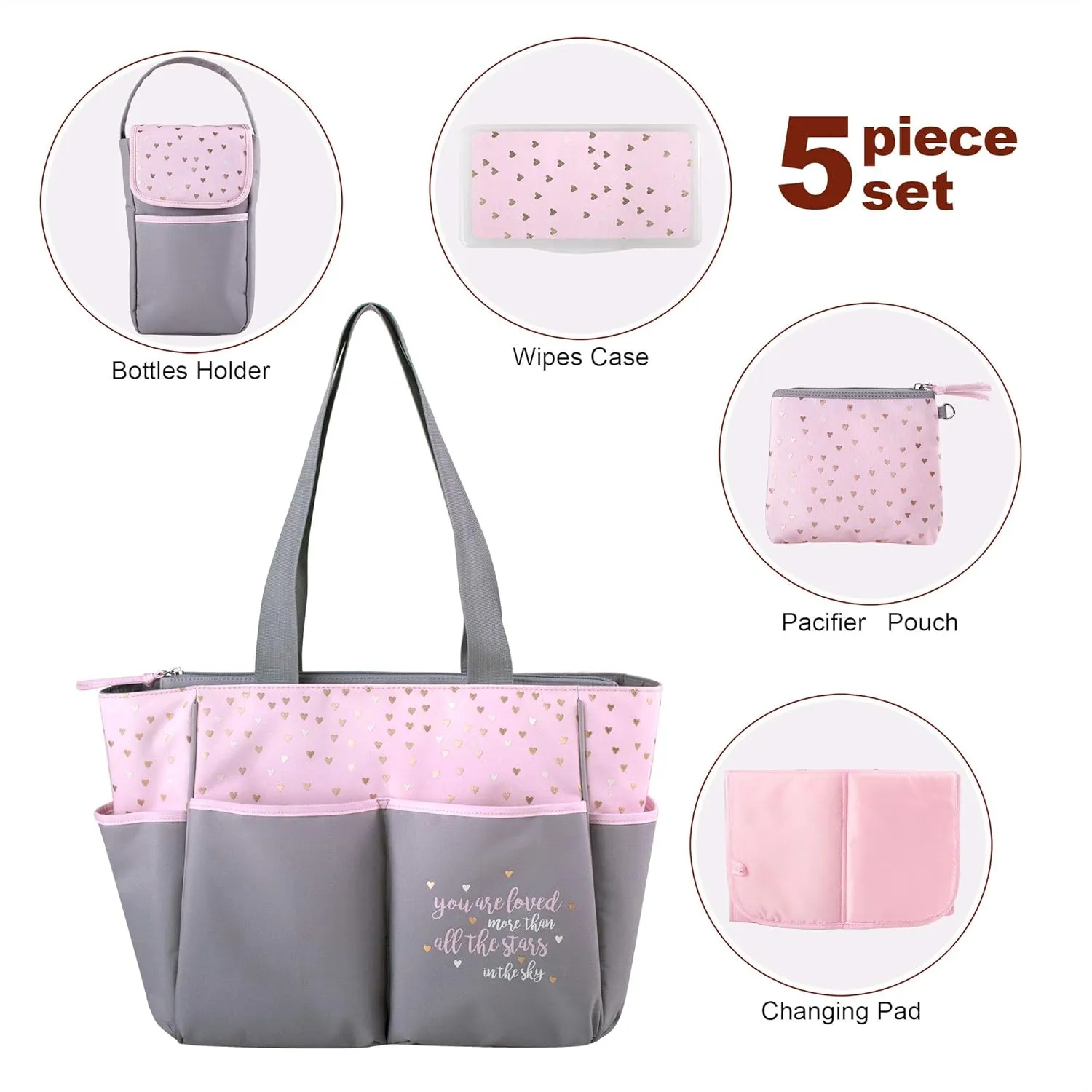 Diaper Bag Tote 5 Piece Set with Sun, Moon, and Stars, Wipes Pocket, Dirty Diaper Pouch, Changing Pad (Grey/Pink)