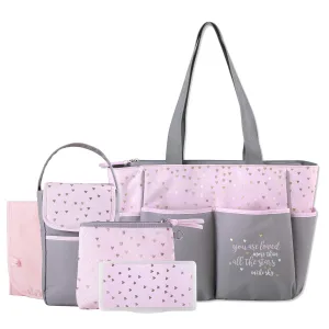 Diaper Bag Tote 5 Piece Set with Sun, Moon, and Stars, Wipes Pocket, Dirty Diaper Pouch, Changing Pad (Grey/Pink)