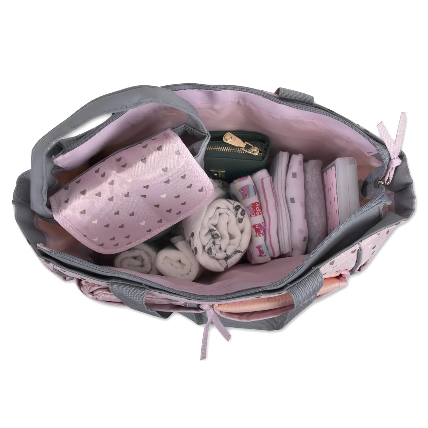 Diaper Bag Tote 5 Piece Set with Sun, Moon, and Stars, Wipes Pocket, Dirty Diaper Pouch, Changing Pad (Grey/Pink)