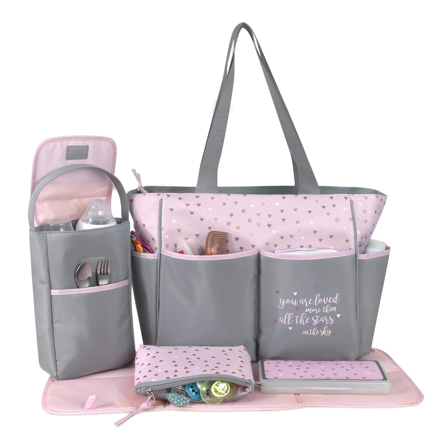 Diaper Bag Tote 5 Piece Set with Sun, Moon, and Stars, Wipes Pocket, Dirty Diaper Pouch, Changing Pad (Grey/Pink)
