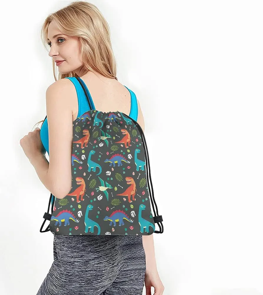 Dinosaur Drawstring Bags Backpack Bag Animal Seamless Pattern Colorful Dino Cute Adorable Cartoon Eggs Leaf Sport Gym Sack Drawstring Bag String Bag Yoga Bag for Men Women