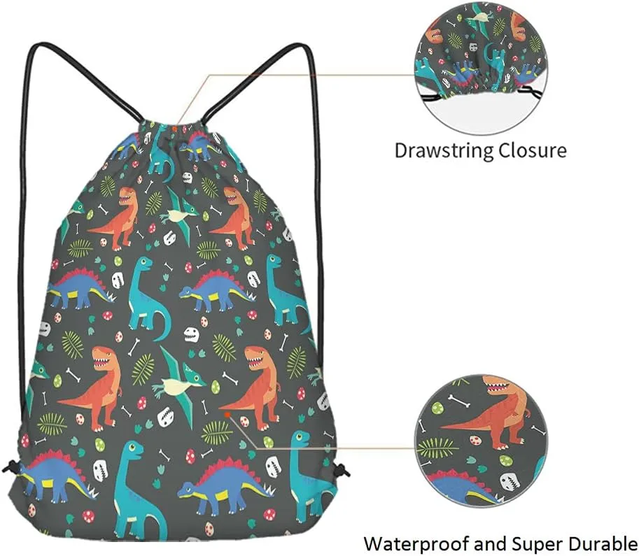Dinosaur Drawstring Bags Backpack Bag Animal Seamless Pattern Colorful Dino Cute Adorable Cartoon Eggs Leaf Sport Gym Sack Drawstring Bag String Bag Yoga Bag for Men Women