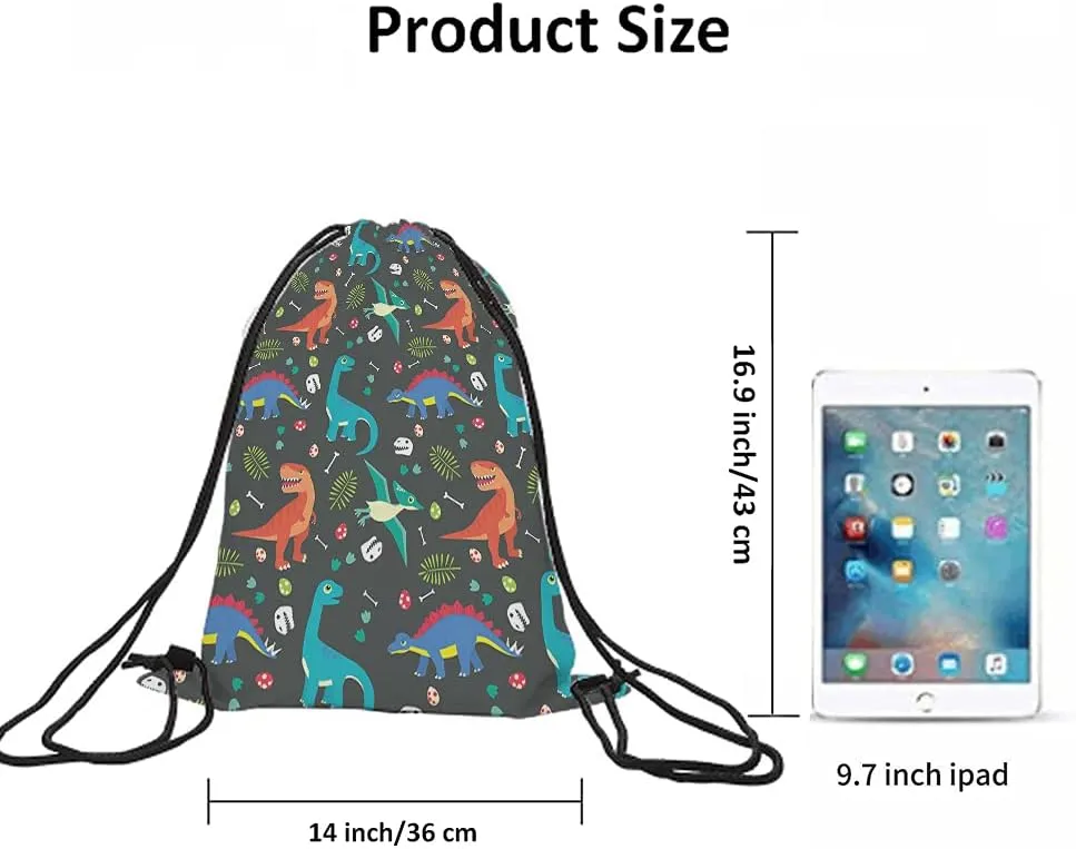 Dinosaur Drawstring Bags Backpack Bag Animal Seamless Pattern Colorful Dino Cute Adorable Cartoon Eggs Leaf Sport Gym Sack Drawstring Bag String Bag Yoga Bag for Men Women