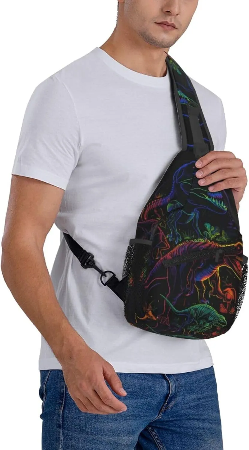 Dinosaur Neon Print Sling Bag Crossbody Shoulder Backpack Chest Bags Gym Travel Hiking Casual Daypack