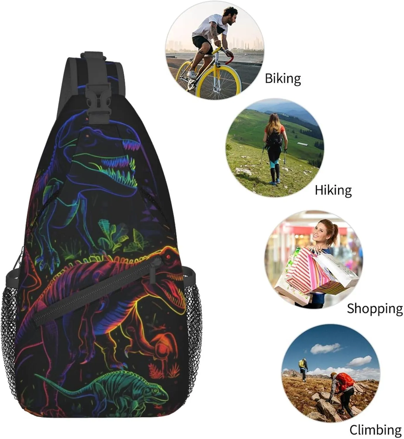Dinosaur Neon Print Sling Bag Crossbody Shoulder Backpack Chest Bags Gym Travel Hiking Casual Daypack