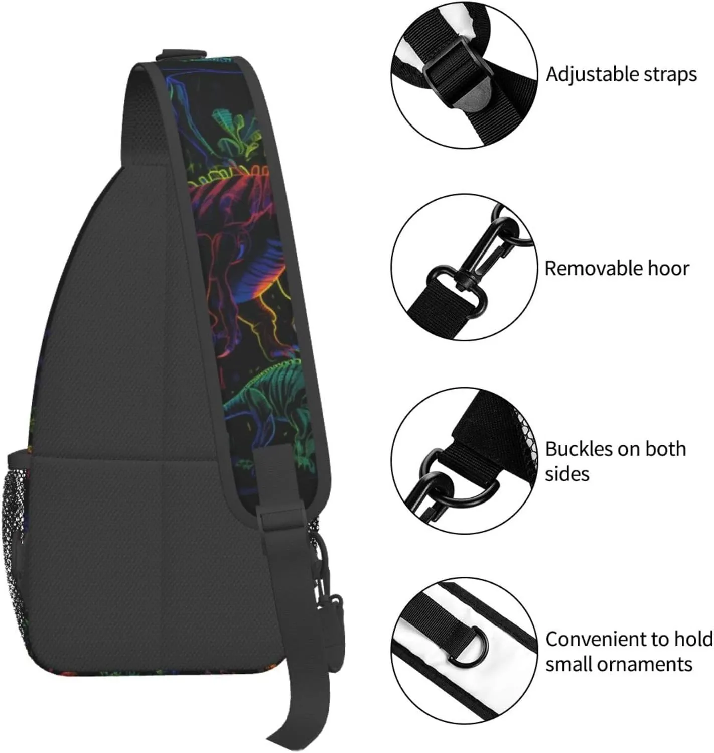 Dinosaur Neon Print Sling Bag Crossbody Shoulder Backpack Chest Bags Gym Travel Hiking Casual Daypack
