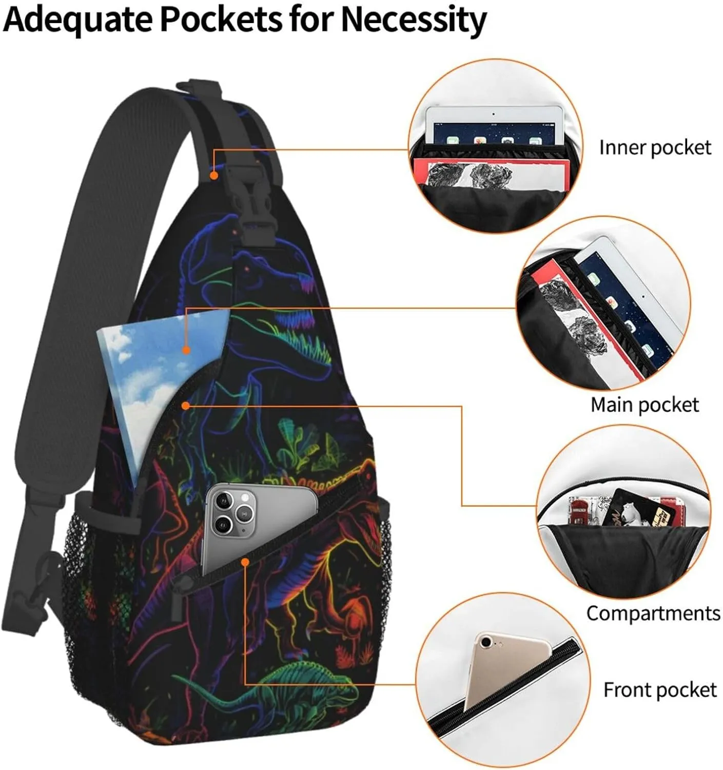 Dinosaur Neon Print Sling Bag Crossbody Shoulder Backpack Chest Bags Gym Travel Hiking Casual Daypack