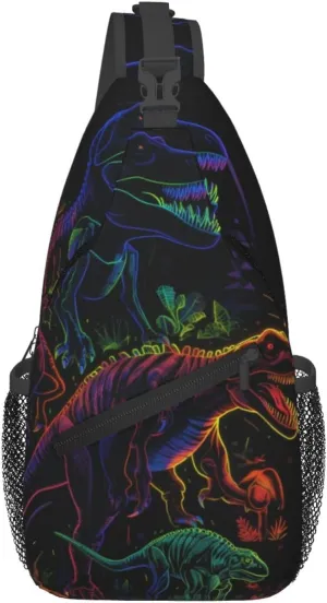 Dinosaur Neon Print Sling Bag Crossbody Shoulder Backpack Chest Bags Gym Travel Hiking Casual Daypack