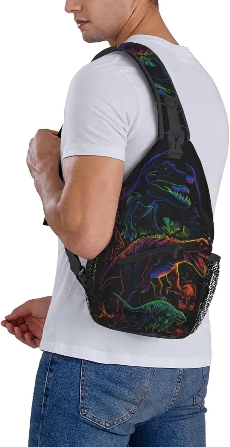 Dinosaur Neon Print Sling Bag Crossbody Shoulder Backpack Chest Bags Gym Travel Hiking Casual Daypack