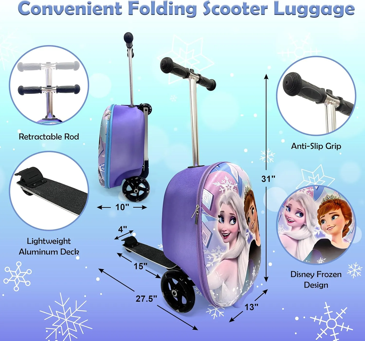 Disney Frozen Kids 19” Suitcase Scooter – Boys and Girls Magical Carry-on Luggage with LED Light Up Wheels, Waterproof Hard Shell, Retractable Handle, and Lightweight Foldable Ride-On Travel…
