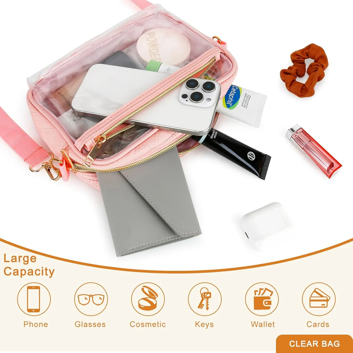 DOB SECHS Clear Crossbody Purse Bag - Clear Messenger Bag for Stadium Concerts & Sporting Events