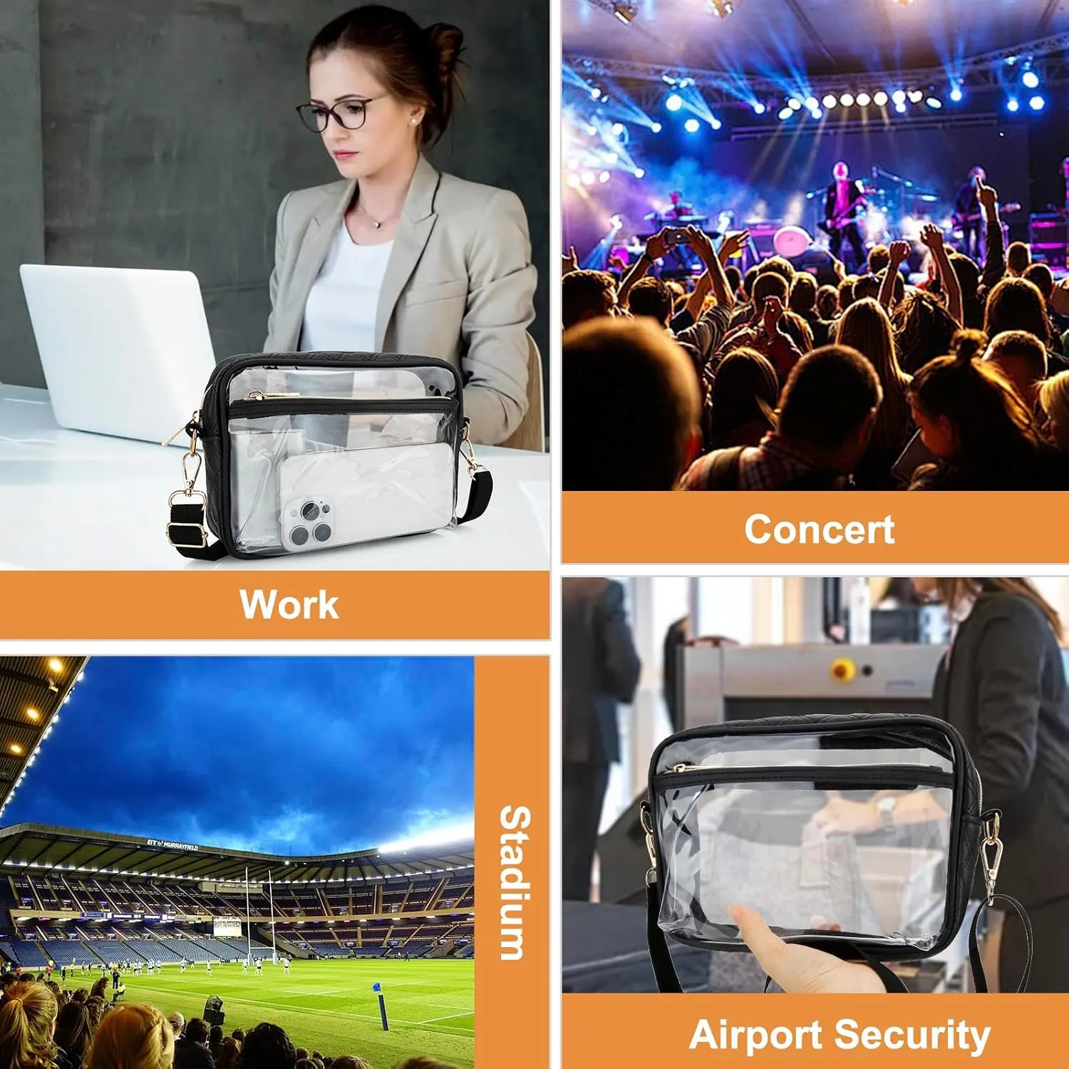 DOB SECHS Clear Crossbody Purse Bag - Clear Messenger Bag for Stadium Concerts & Sporting Events