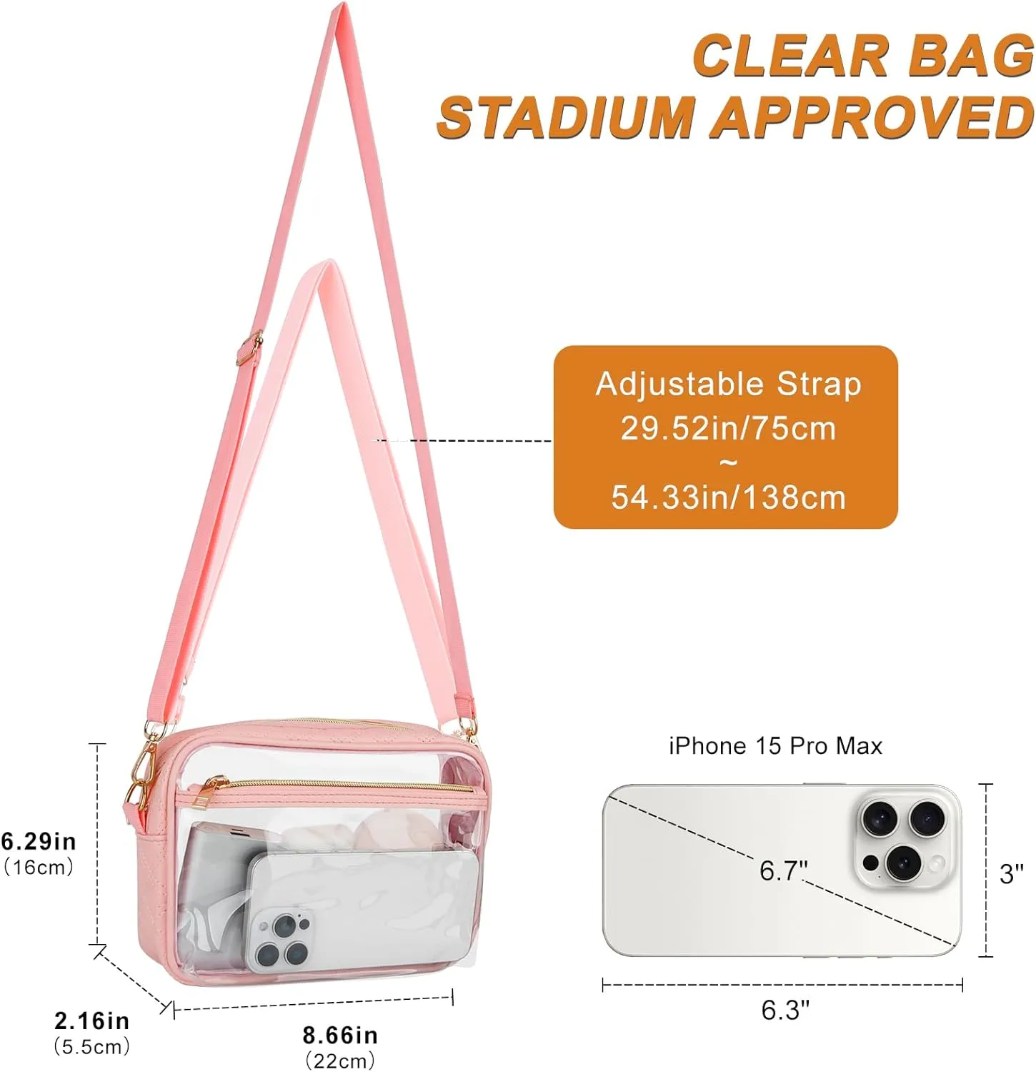 DOB SECHS Clear Crossbody Purse Bag - Clear Messenger Bag for Stadium Concerts & Sporting Events
