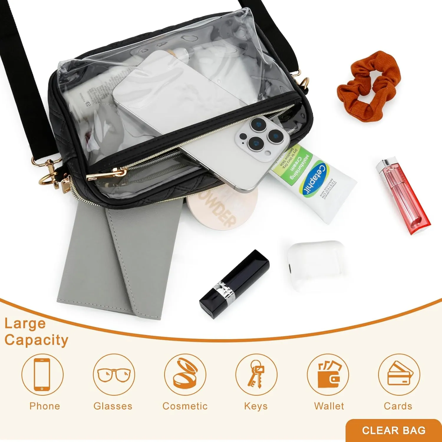 DOB SECHS Clear Crossbody Purse Bag - Clear Messenger Bag for Stadium Concerts & Sporting Events