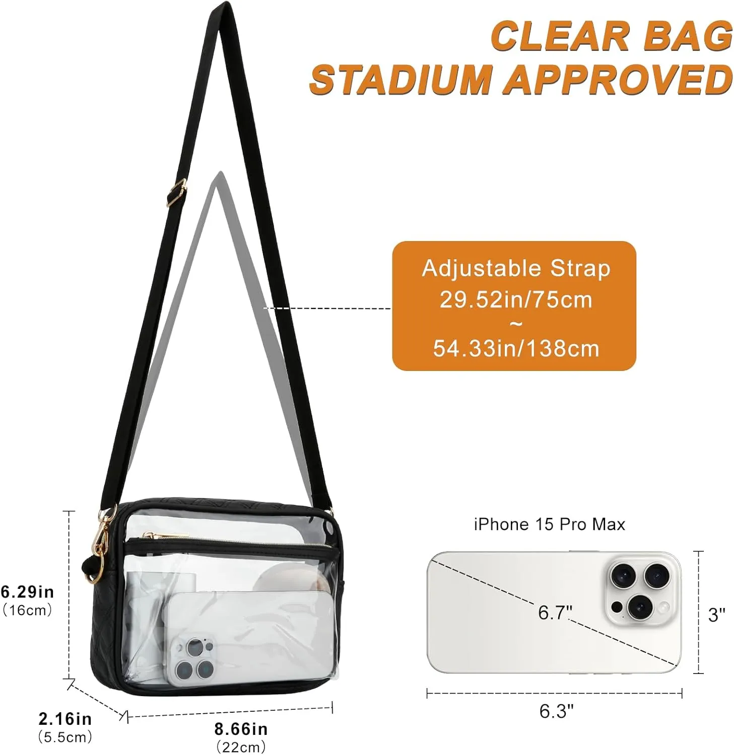 DOB SECHS Clear Crossbody Purse Bag - Clear Messenger Bag for Stadium Concerts & Sporting Events