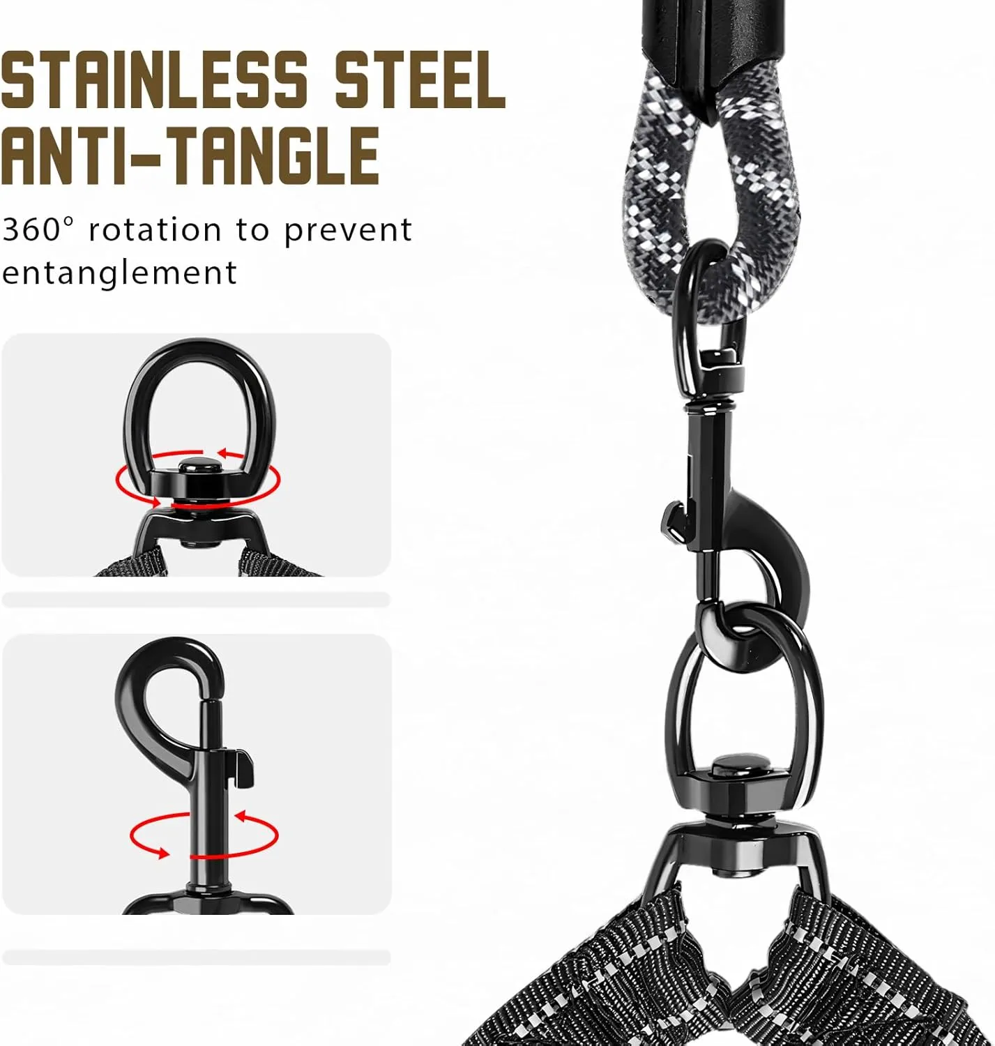 Double Dog Leash for 2 Dogs，Tangle-Free 360° Swivel & Shock-Absorbing Bungee for Medium and Large Dogs，Double Dog Leash with Padded Handles(25-150 lbs, Black)