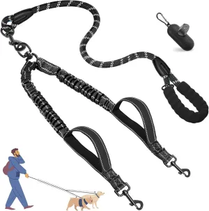 Double Dog Leash for 2 Dogs，Tangle-Free 360° Swivel & Shock-Absorbing Bungee for Medium and Large Dogs，Double Dog Leash with Padded Handles(25-150 lbs, Black)