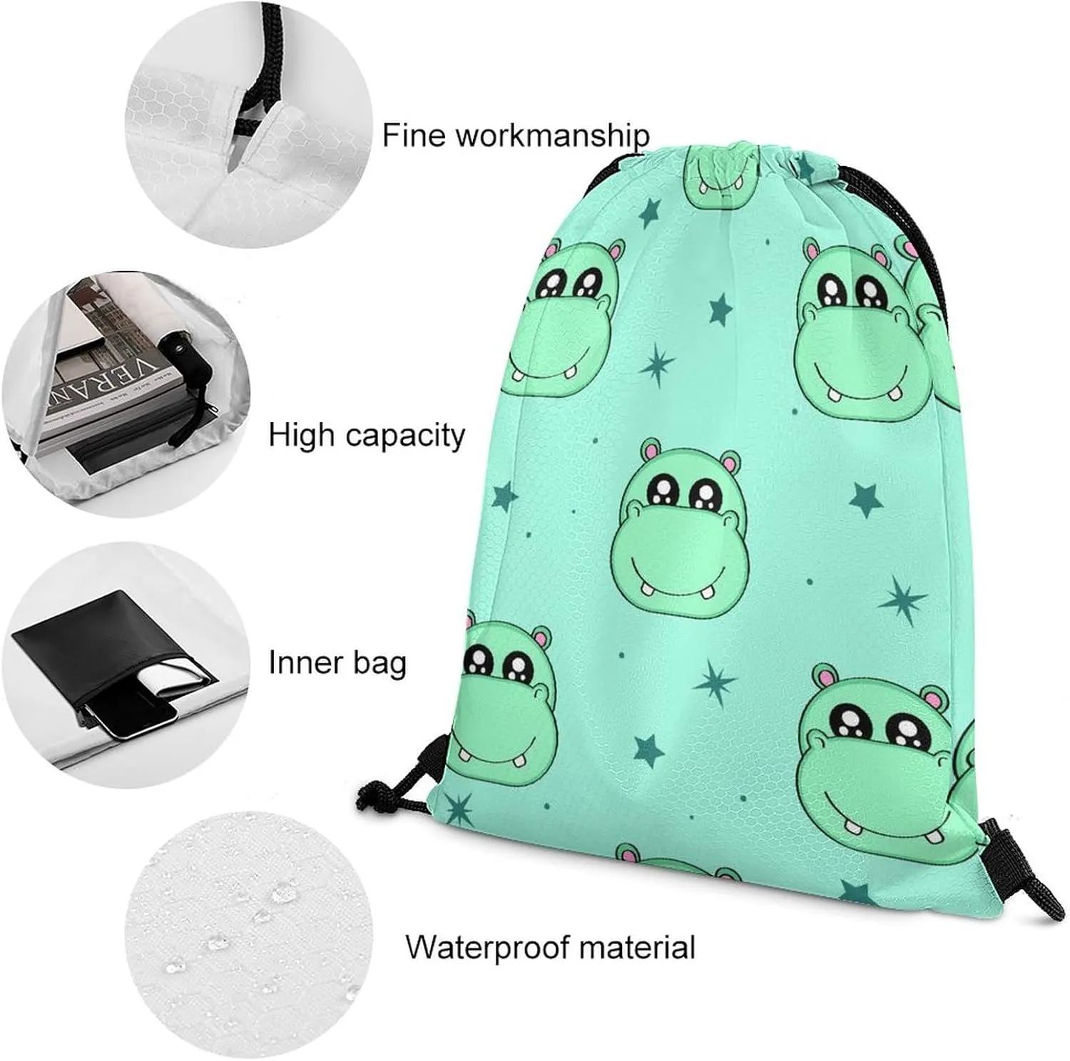 Drawstring Backpack, Adjustable Waterproof Gym Storage Sackpack, Cute Cartoon Hippo Foldable Sports Tote Bag for Women Men