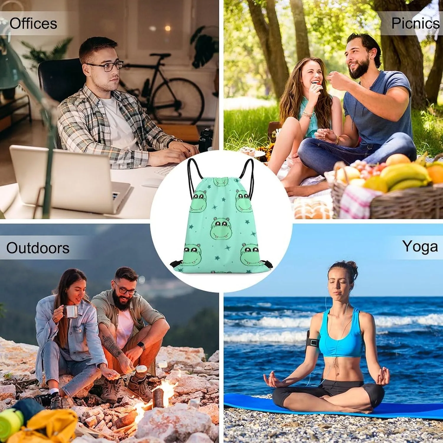 Drawstring Backpack, Adjustable Waterproof Gym Storage Sackpack, Cute Cartoon Hippo Foldable Sports Tote Bag for Women Men