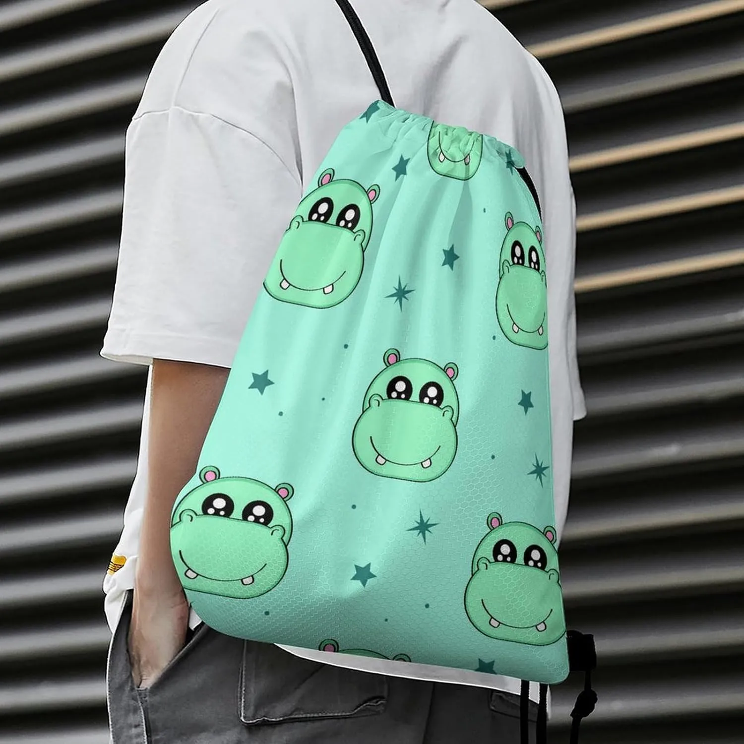 Drawstring Backpack, Adjustable Waterproof Gym Storage Sackpack, Cute Cartoon Hippo Foldable Sports Tote Bag for Women Men