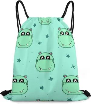 Drawstring Backpack, Adjustable Waterproof Gym Storage Sackpack, Cute Cartoon Hippo Foldable Sports Tote Bag for Women Men