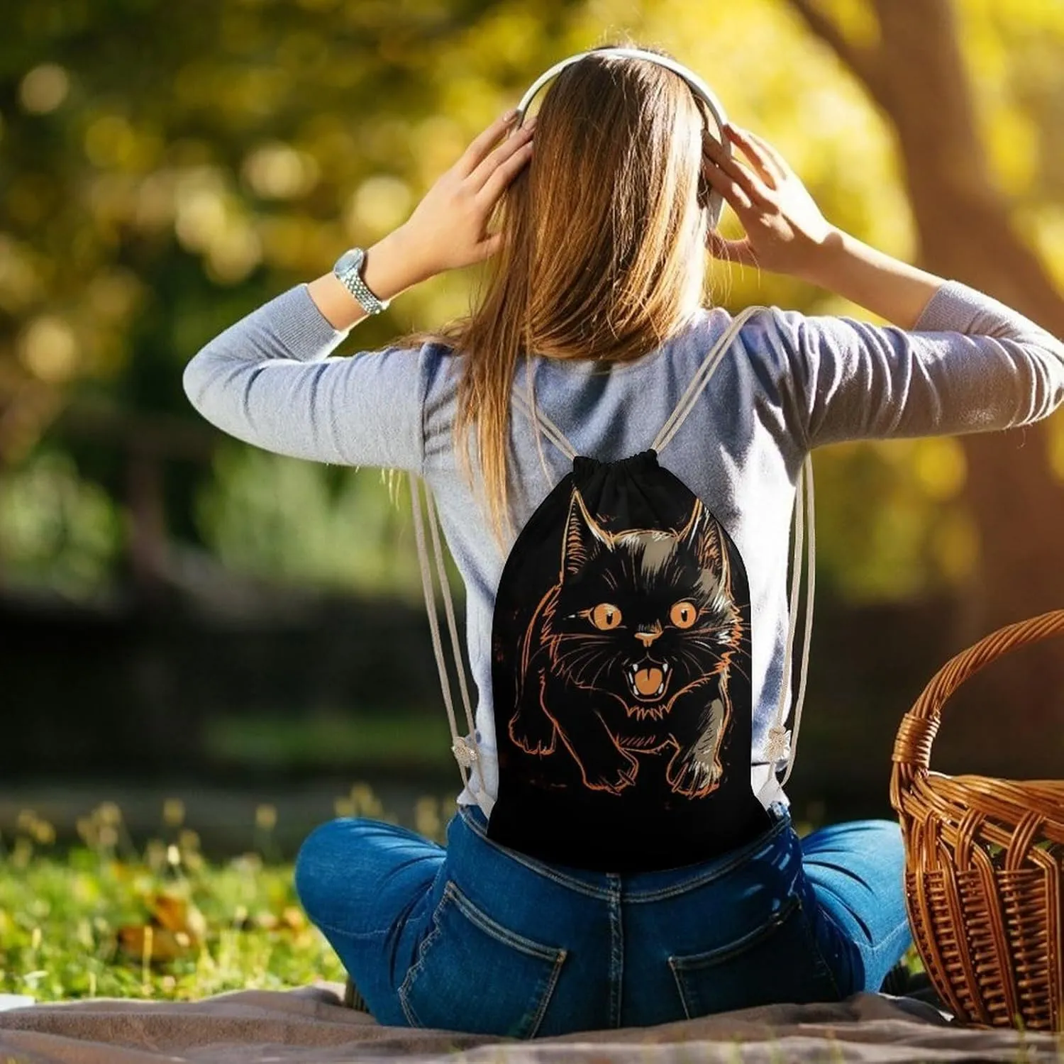 Drawstring Backpack Cat with A Expression String Bag Sackpack Foldable Backpack Sports Gym Bag for Shopping Yoga