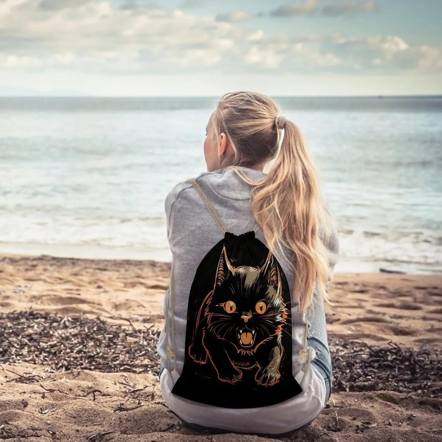 Drawstring Backpack Cat with A Expression String Bag Sackpack Foldable Backpack Sports Gym Bag for Shopping Yoga