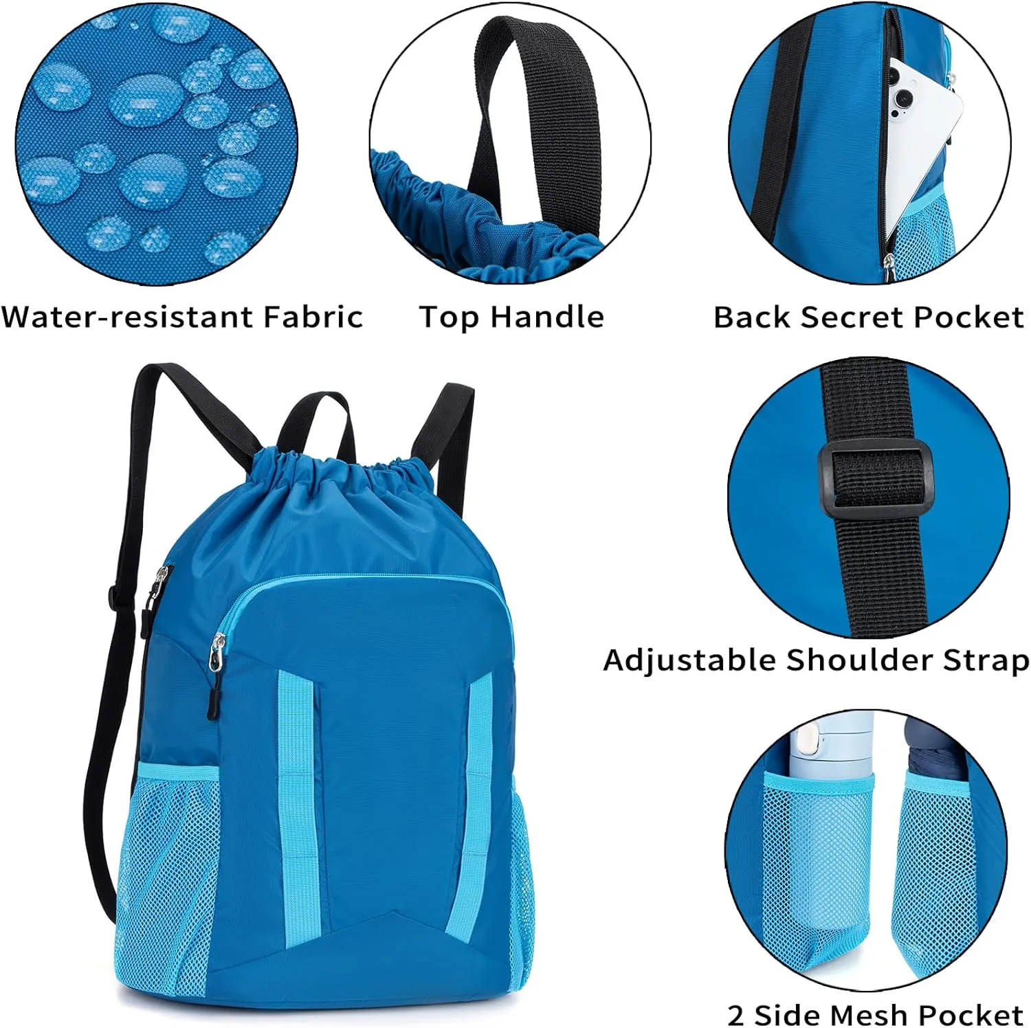 Drawstring Backpack for Kids Sports Gym Bag with Shoes Compartment, Water Resistant Beach Swim Bag String Backpack for Boys and Girls, Blue