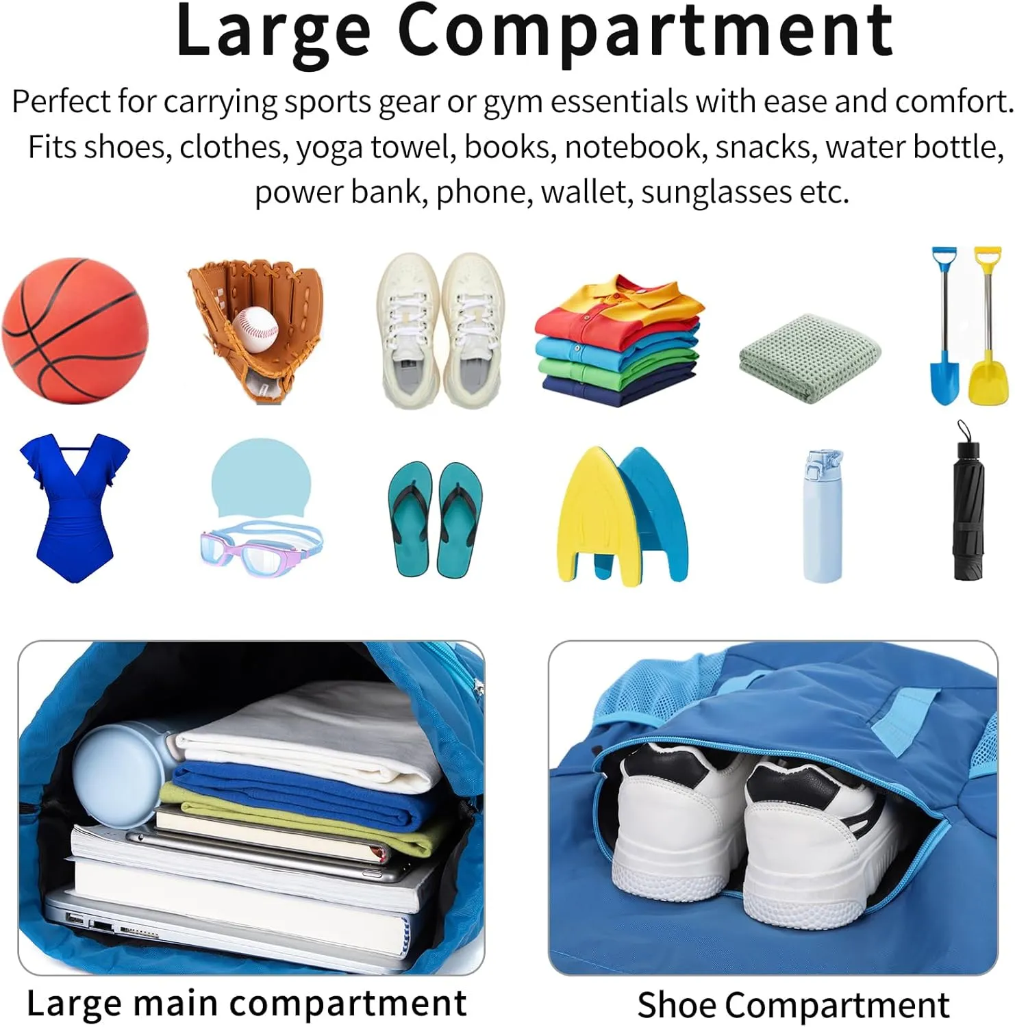 Drawstring Backpack for Kids Sports Gym Bag with Shoes Compartment, Water Resistant Beach Swim Bag String Backpack for Boys and Girls, Blue