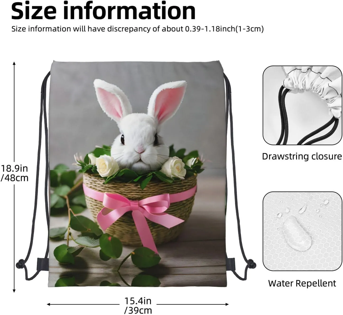Drawstring Backpack for women,Versatile drawstring bag,Water-Resistant Cinch Bag,Gym sackpack-Bunny Rosette