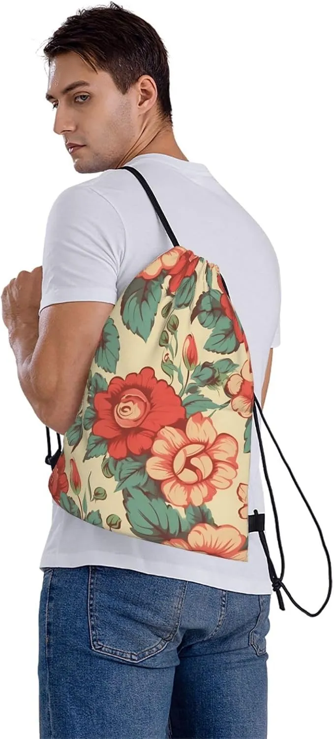 Drawstring Backpack Gym Bag Cinch Bag Draw String Back Bag Retro Flower Drawstring Bags for Travel