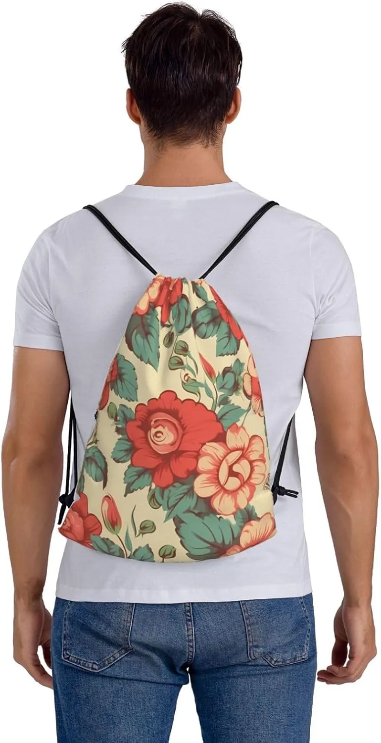 Drawstring Backpack Gym Bag Cinch Bag Draw String Back Bag Retro Flower Drawstring Bags for Travel