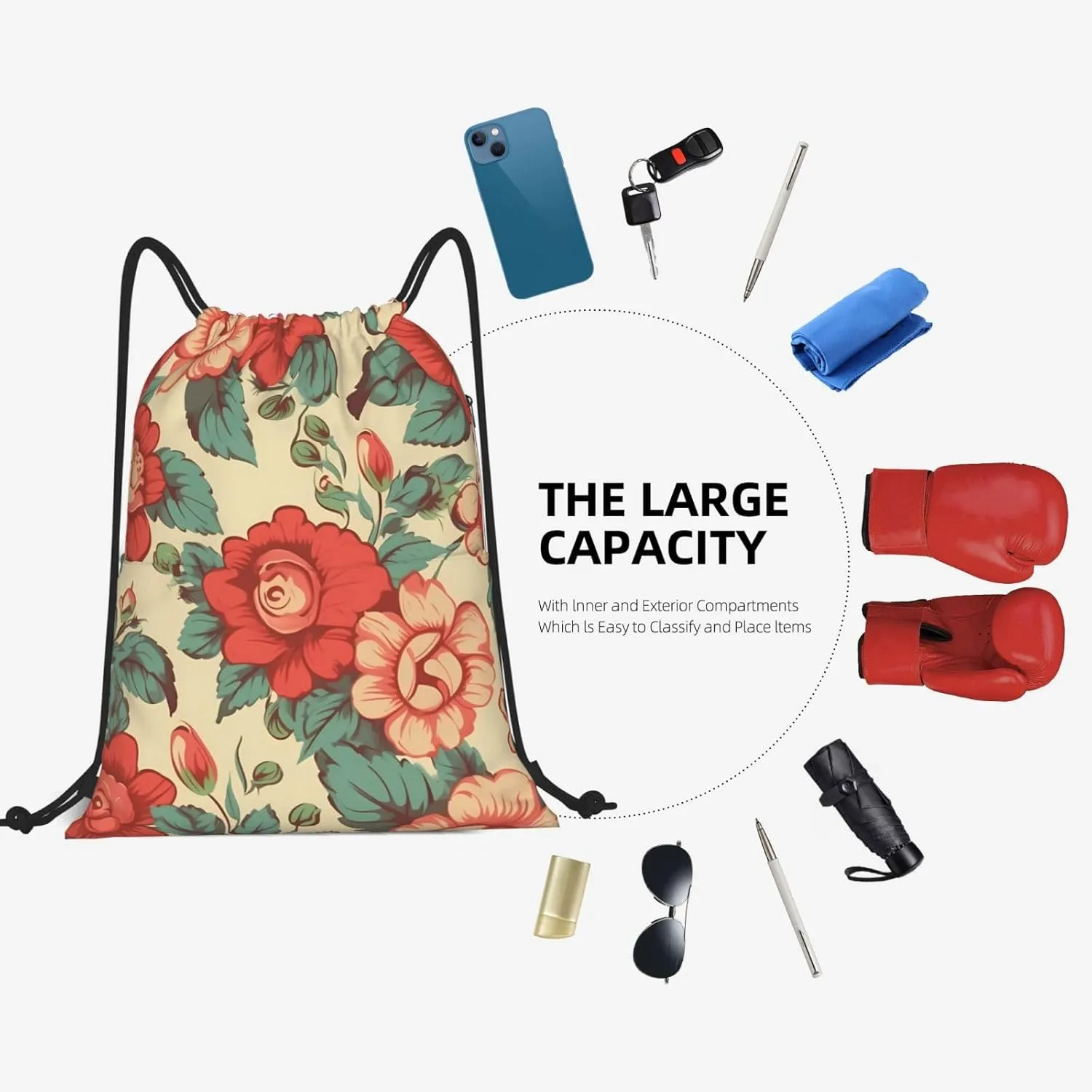 Drawstring Backpack Gym Bag Cinch Bag Draw String Back Bag Retro Flower Drawstring Bags for Travel