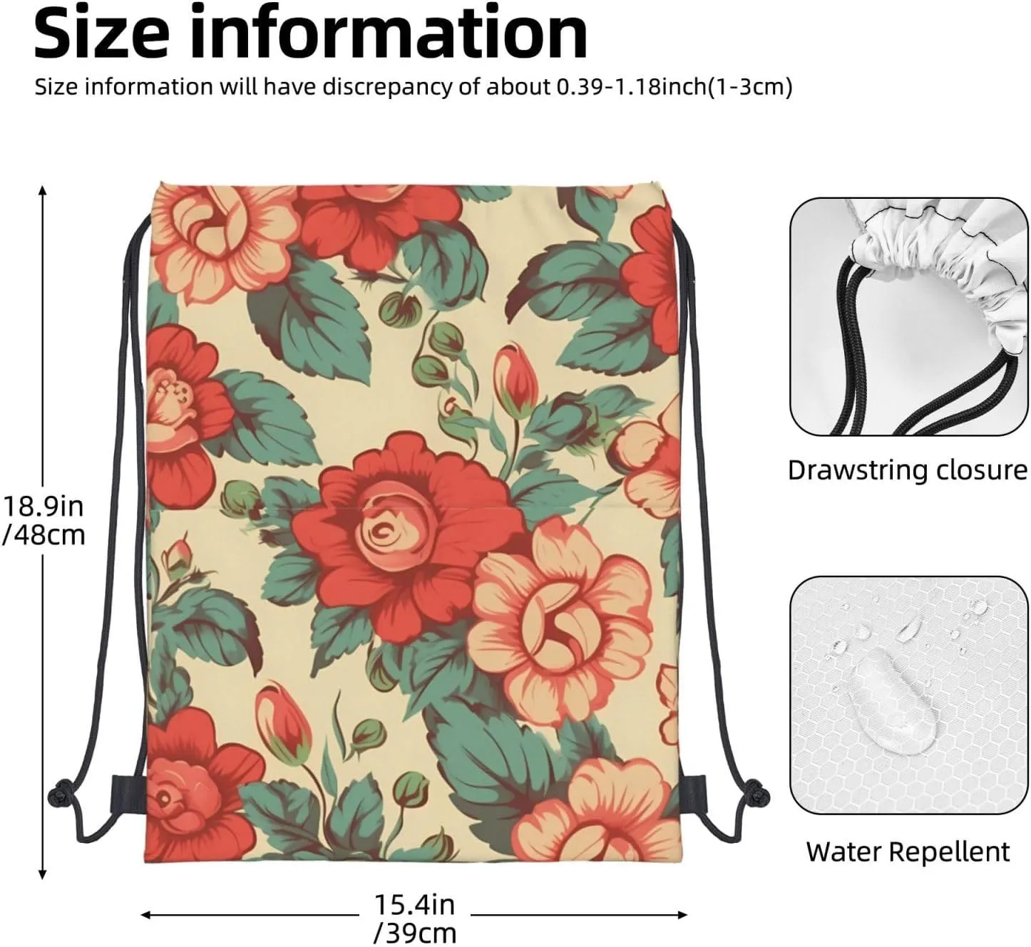 Drawstring Backpack Gym Bag Cinch Bag Draw String Back Bag Retro Flower Drawstring Bags for Travel