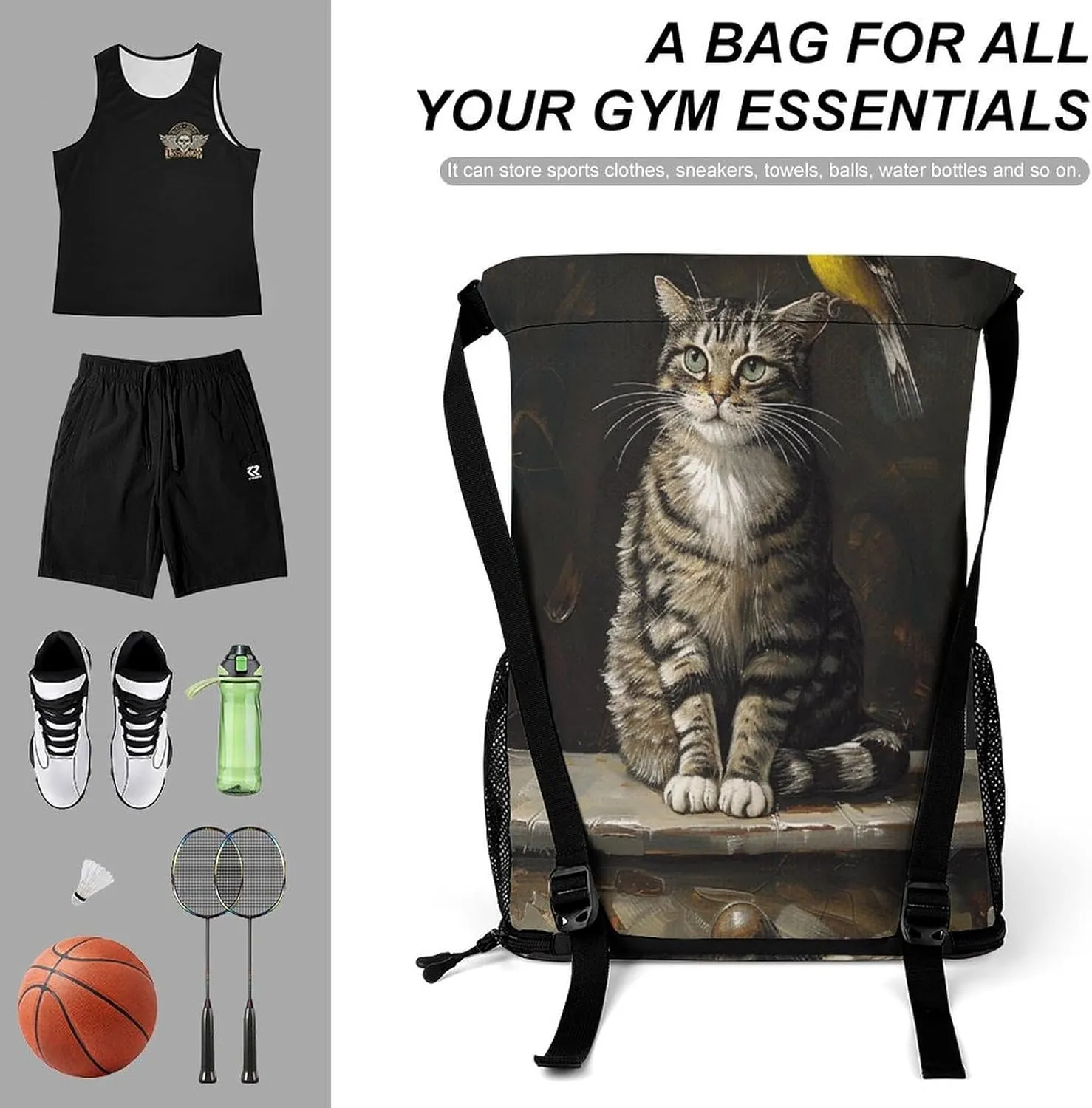 Drawstring Backpack Gym Drawstring Bag for Men Cat Sitting on The Table Draw String Bags Gym Bag Cinch Bag
