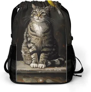 Drawstring Backpack Gym Drawstring Bag for Men Cat Sitting on The Table Draw String Bags Gym Bag Cinch Bag